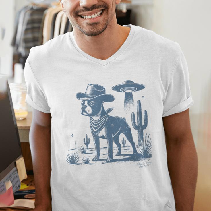 Boston Terrier UFO Cowboy Dog Dog Mom Dog Dad Alien Dog Men's V-Neck T-Shirt, Boston Terrier Dad Shirts, Boston Terrier Mom Shirts, funny gift