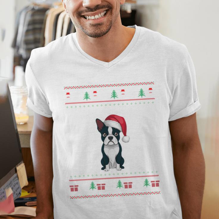 Boston Terrier Wearing Santa Hat Ugly Xmas Dog Lovers Men's V-Neck T-Shirt, funny gift