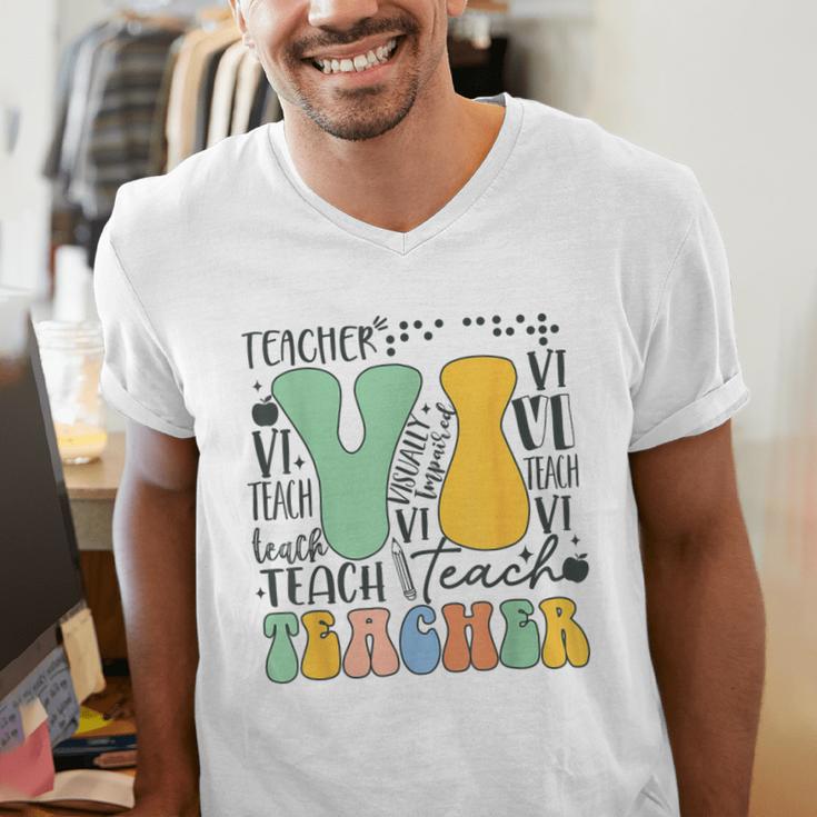 Braille Teacher Of The Visually Impaired Groovy VI Teacher Men's V-Neck T-Shirt, Groovy Teacher Shirts, funny gift