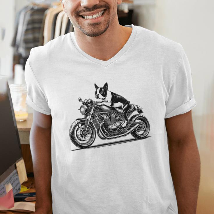 Cool Boston Terrier Riding a Motorcycle Biker Dog Lover For Men Women Kids Men's V-Neck T-Shirt, Boston Terrier Riding Shirts, funny gift