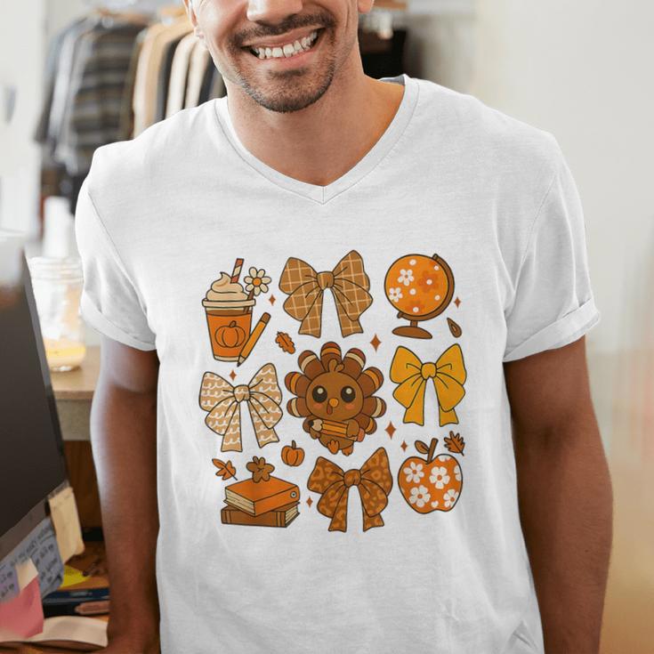 Coquette Teach Teacher Bows Thanksgiving Turkey Fall Autumn Men's V-Neck T-Shirt, funny gift