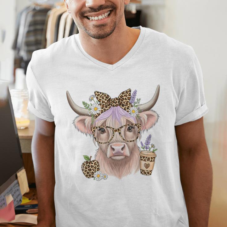 Cute Floral Highland Cow Back To School For Women Teacher Men's V-Neck T-Shirt, funny gift