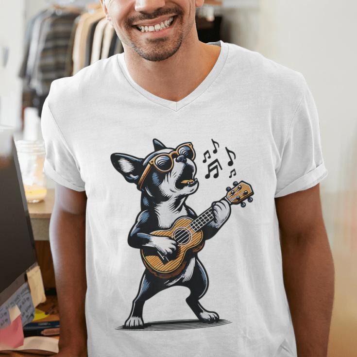 Dog Playing Guitar Singing Boston Terrier For Men Women Girls Kids Men's V-Neck T-Shirt, funny gift