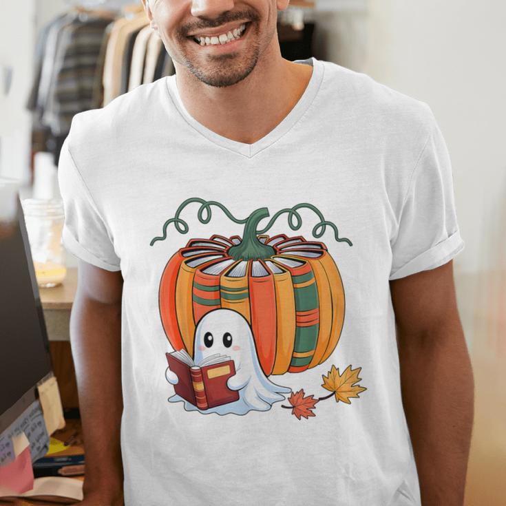 Fall Book Pumpkin Books Ghost Reading Halloween Teacher Men's V-Neck T-Shirt, funny gift Fall Book Pumpkin Books Ghost Reading Halloween Teacher Men's V-Neck T-Shirt, funny gift