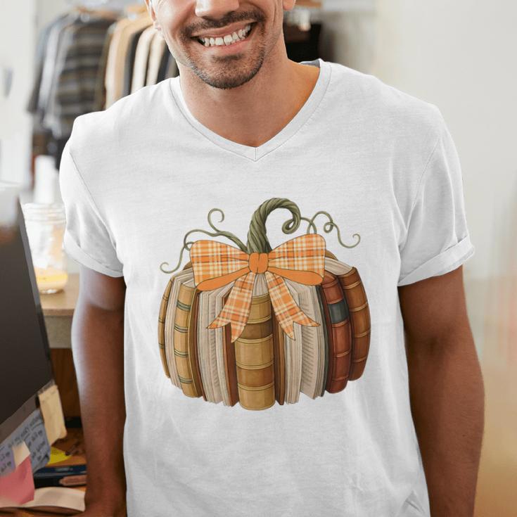 Fall Book Pumpkin Halloween Teacher Librarian Thanksgiving Men's V-Neck T-Shirt, funny gift Fall Book Pumpkin Halloween Teacher Librarian Thanksgiving Men's V-Neck T-Shirt, funny gift