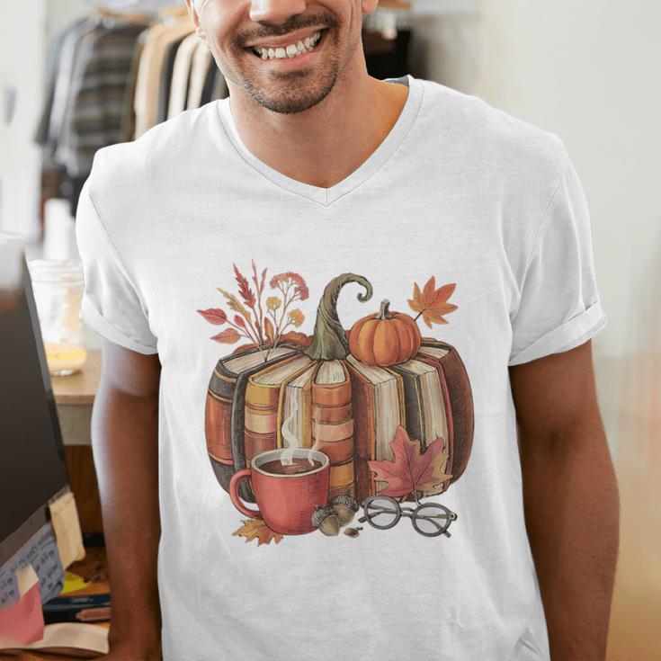 Fall Book Pumpkin Retro Reading Halloween Teacher Men's V-Neck T-Shirt, funny gift
