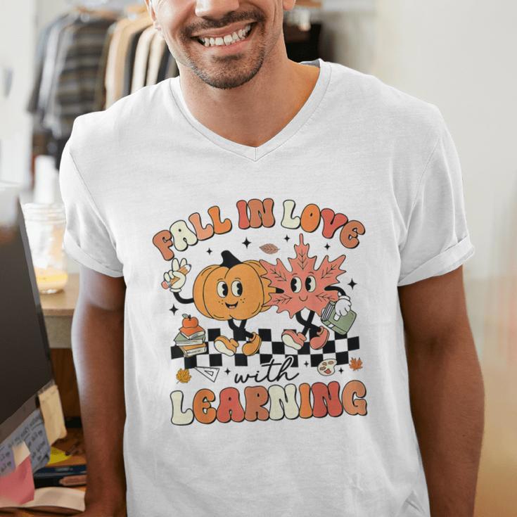 Fall In Love With Learning Teacher Retro Thanksgiving Men's V-Neck T-Shirt, funny gift Fall In Love With Learning Teacher Retro Thanksgiving Men's V-Neck T-Shirt, funny gift