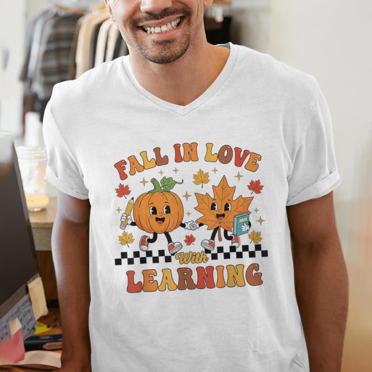 Fall In Love With Learning Teacher Student Autumn Pumpkin Men's V-Neck T-Shirt, funny gift Fall In Love With Learning Teacher Student Autumn Pumpkin Men's V-Neck T-Shirt, funny gift