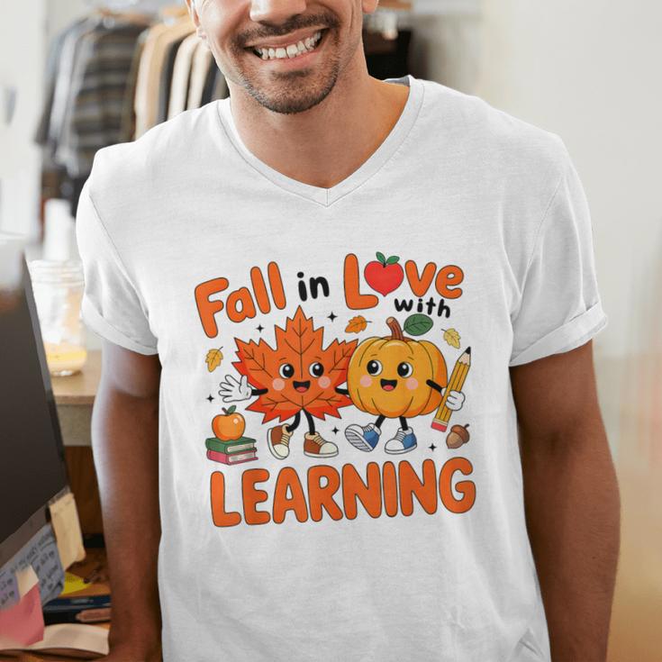 Fall In Love With Learning Thanksgiving Teacher Student Kids Men's V-Neck T-Shirt, funny gift