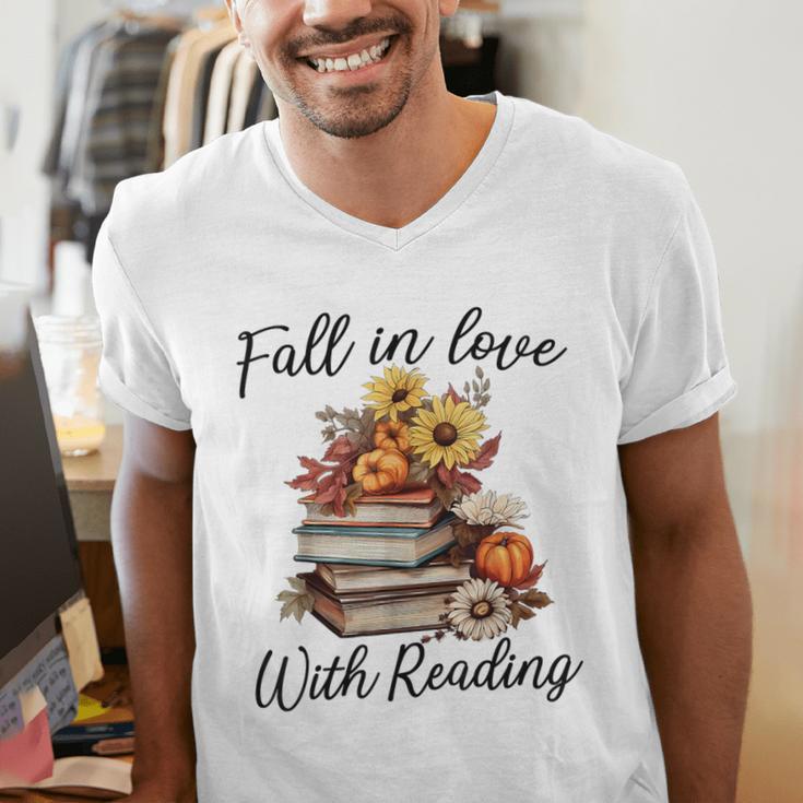 Fall In Love With Reading Book Autumn Teachers Pumpkins Men's V-Neck T-Shirt, funny gift Fall In Love With Reading Book Autumn Teachers Pumpkins Men's V-Neck T-Shirt, funny gift