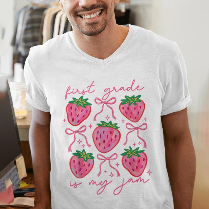 First Grade Is My Jam Strawberry First Grade Teacher Women Men's V-Neck T-Shirt, First Grade Teacher Shirts, funny gift First Grade Is My Jam Strawberry First Grade Teacher Women Men's V-Neck T-Shirt, First Grade Teacher Shirts, funny gift