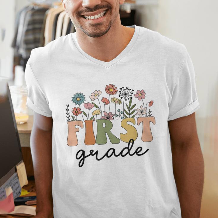 First Grade Teacher Wildflower Back To School Floral Outfits Men's V-Neck T-Shirt, First Grade Teacher Shirts, funny gift First Grade Teacher Wildflower Back To School Floral Outfits Men's V-Neck T-Shirt, First Grade Teacher Shirts, funny gift