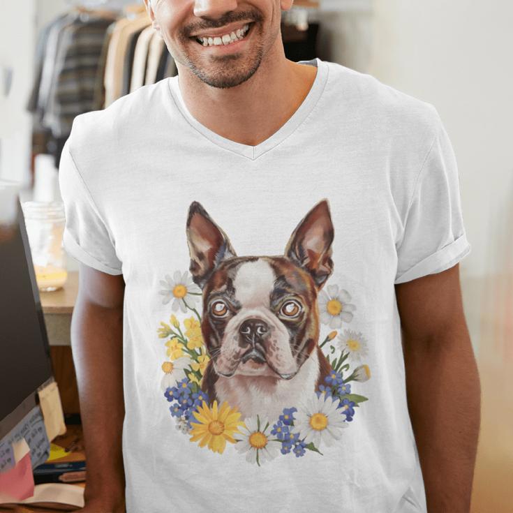 Floral Boston Terrier Men's V-Neck T-Shirt, funny gift