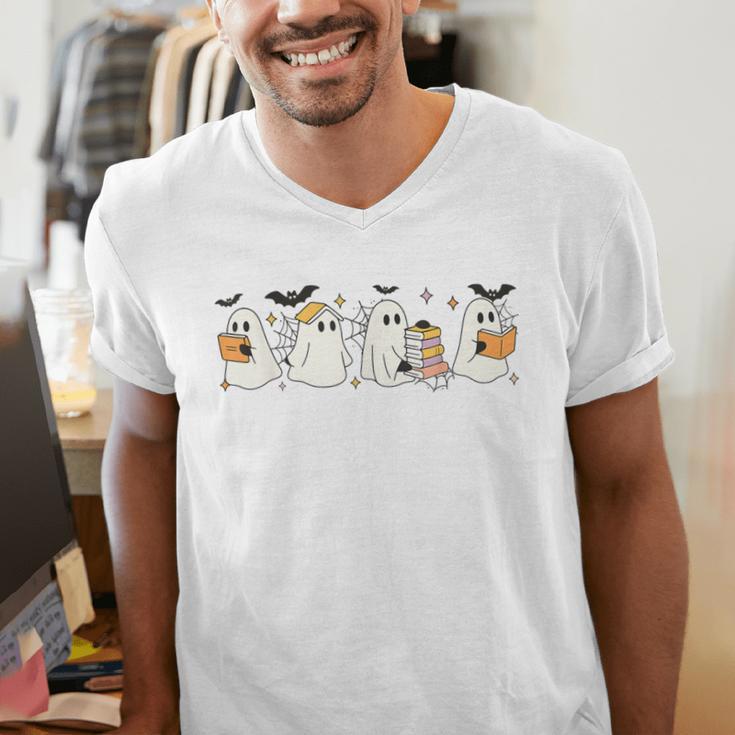 Ghosts Reading Books Library Halloween Teacher Men Women Kid Men's V-Neck T-Shirt, funny gift