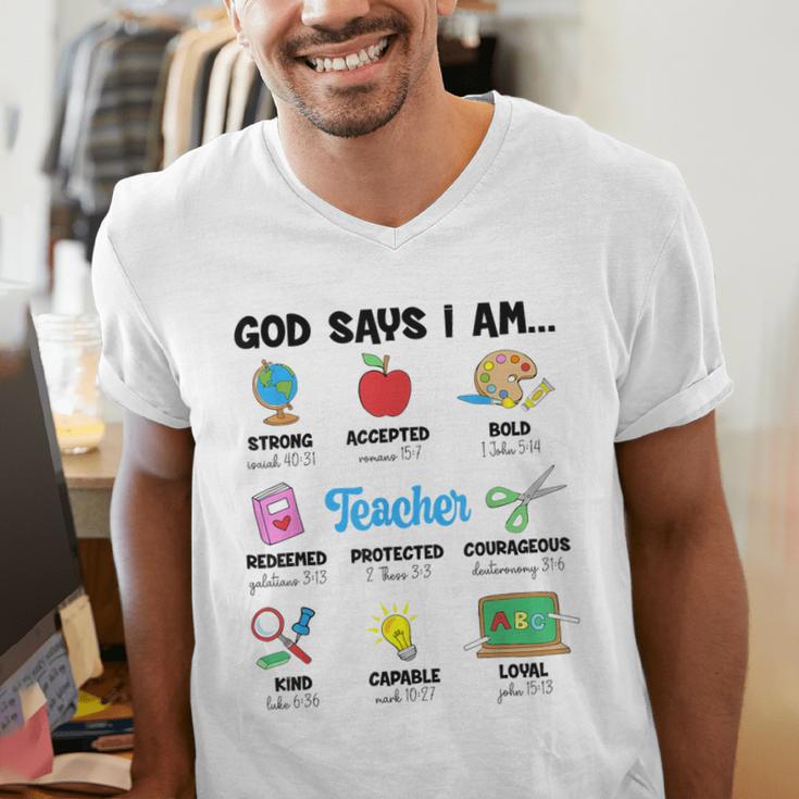 God Says Im Teacher Christian Back To School Religious Men's V-Neck T-Shirt, funny gift