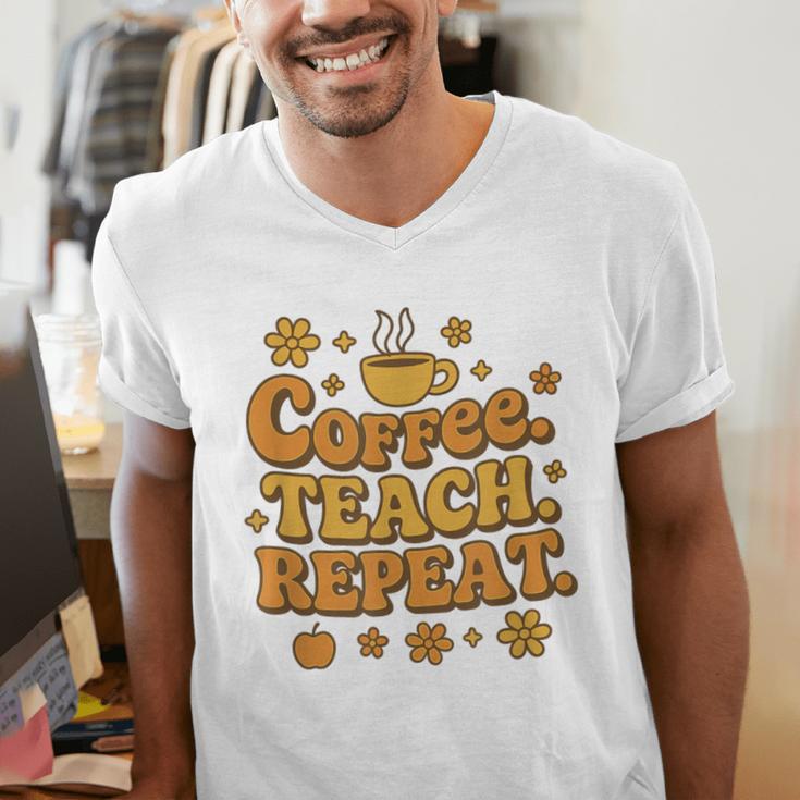 Groovy Coffee Teach Repeat Retro Teacher Men's V-Neck T-Shirt, Groovy Teacher Shirts, funny gift Groovy Coffee Teach Repeat Retro Teacher Men's V-Neck T-Shirt, Groovy Teacher Shirts, funny gift