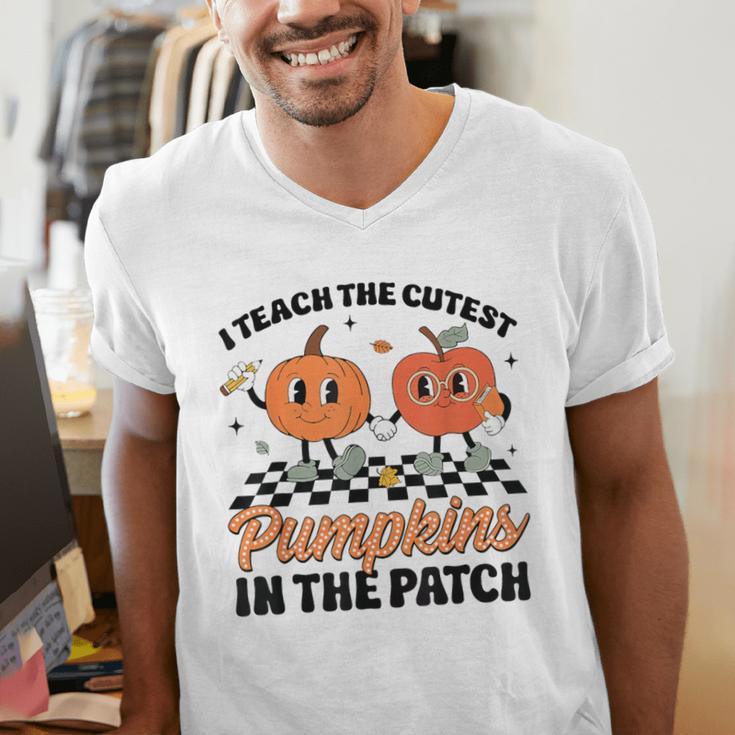 Groovy I Teach The Cutest Pumpkins In The Patch For Teacher Men's V-Neck T-Shirt, Groovy Teacher Shirts, funny gift Groovy I Teach The Cutest Pumpkins In The Patch For Teacher Men's V-Neck T-Shirt, Groovy Teacher Shirts, funny gift