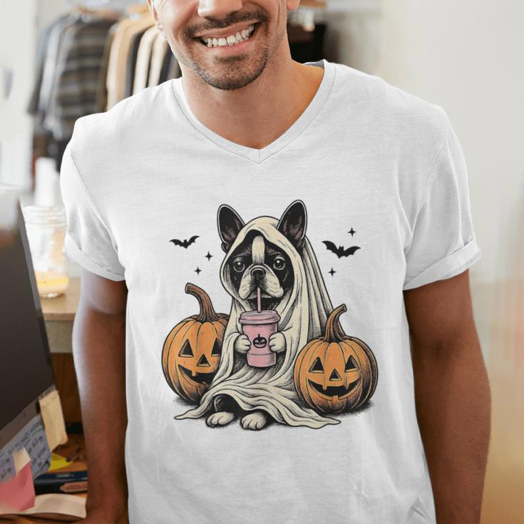 Halloween Boston Terrier Ghost Men's V-Neck T-Shirt, Boston Terrier Halloween Shirts, Boston Terrier Ghost Shirts, funny gift