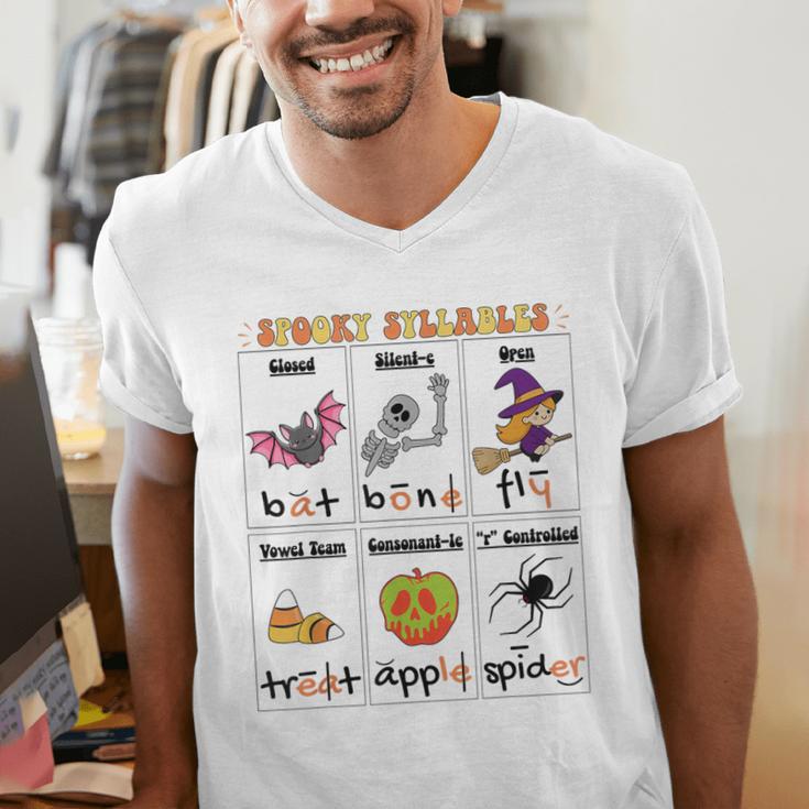 Halloween Reading Spooky Syllables Teacher Vintage Men's V-Neck T-Shirt, funny gift Halloween Reading Spooky Syllables Teacher Vintage Men's V-Neck T-Shirt, funny gift