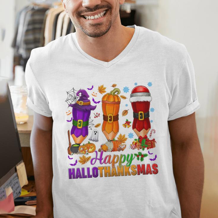 Happy Hallothanksmas Halloween Thanksgiving Pencils Teachers Men's V-Neck T-Shirt, funny gift Happy Hallothanksmas Halloween Thanksgiving Pencils Teachers Men's V-Neck T-Shirt, funny gift