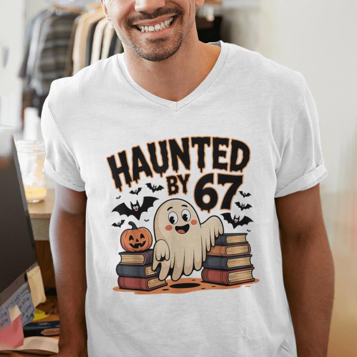Haunted By 67 Teacher Ghost Pumpkin Halloween Costum Men's V-Neck T-Shirt, funny gift