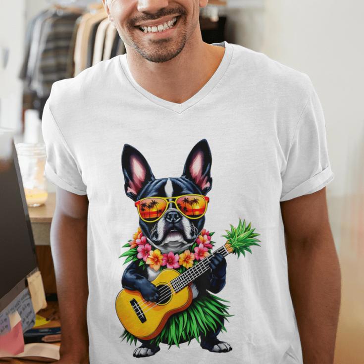 Hawaiian Boston Terrier & Pineapple Ukulele Summer Vacation Men's V-Neck T-Shirt, funny gift