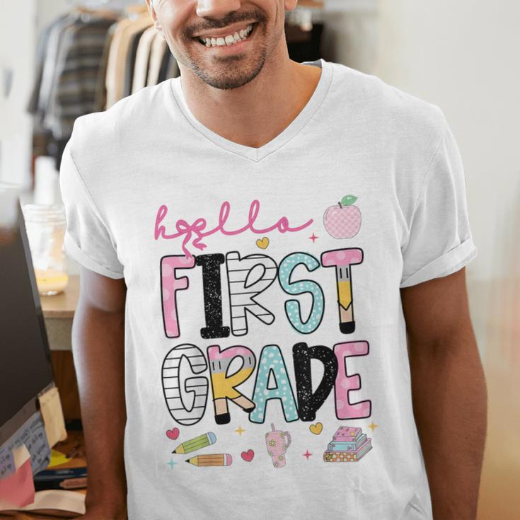 Hello First Grade Teacher Coquette Pencil Bow Back To School Men's V-Neck T-Shirt, First Grade Teacher Shirts, funny gift