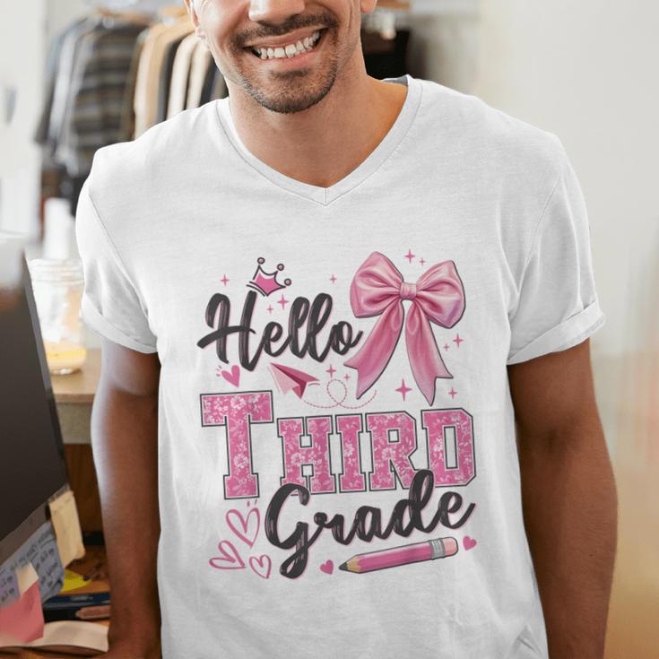 Hello Third Grade First Day Of School Coquette Teacher Girl Men's V-Neck T-Shirt, First Grade Teacher Shirts, funny gift Hello Third Grade First Day Of School Coquette Teacher Girl Men's V-Neck T-Shirt, First Grade Teacher Shirts, funny gift