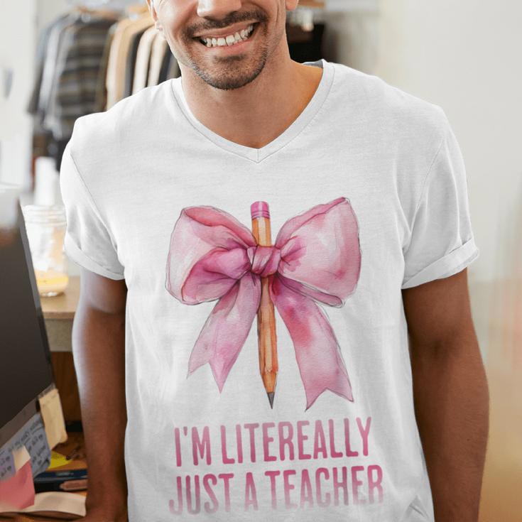 I'm Literally Just a Teacher Pencil Coquette Bow School Men's V-Neck T-Shirt, funny gift I'm Literally Just a Teacher Pencil Coquette Bow School Men's V-Neck T-Shirt, funny gift