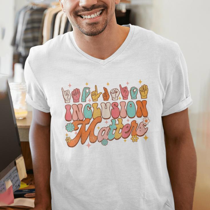 Inclusion Matters Groovy American Sign Language ASL Teacher For Men Women Men's V-Neck T-Shirt, Groovy Teacher Shirts, funny gift Inclusion Matters Groovy American Sign Language ASL Teacher For Men Women Men's V-Neck T-Shirt, Groovy Teacher Shirts, funny gift