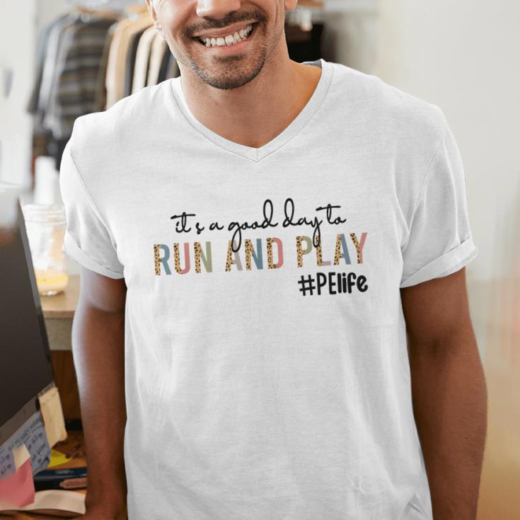It's a Good Day To Run And Play Leopard PE Teacher Life Men's V-Neck T-Shirt, Pe Teacher Shirts, funny gift