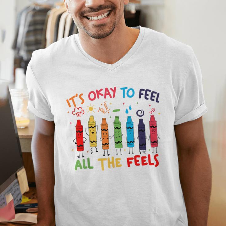Its Okay To Feel All The Feels Mood Color Crayons Teacher Men's V-Neck T-Shirt, funny gift Its Okay To Feel All The Feels Mood Color Crayons Teacher Men's V-Neck T-Shirt, funny gift