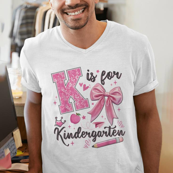 K Is For Kindergarten Teacher Coquette Bow Back To School Men's V-Neck T-Shirt, funny gift K Is For Kindergarten Teacher Coquette Bow Back To School Men's V-Neck T-Shirt, funny gift