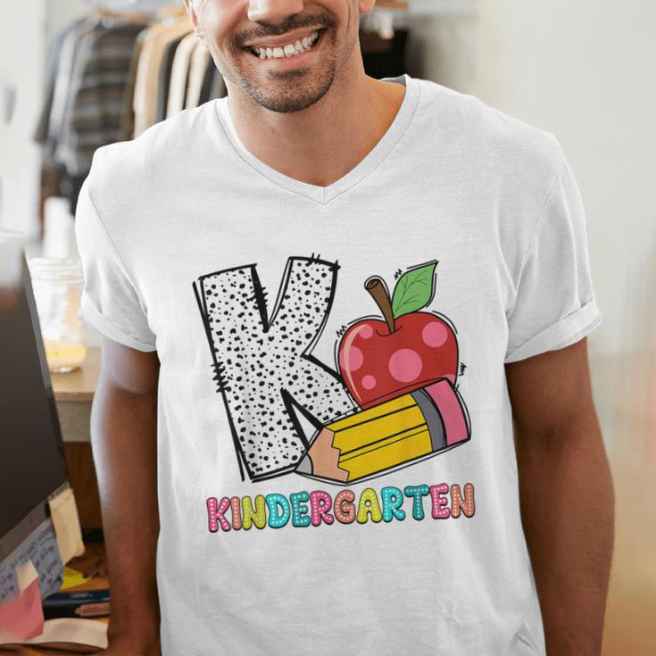 K Is For Kindergarten Teacher Pencil Apple Back To School Men's V-Neck T-Shirt, funny gift K Is For Kindergarten Teacher Pencil Apple Back To School Men's V-Neck T-Shirt, funny gift