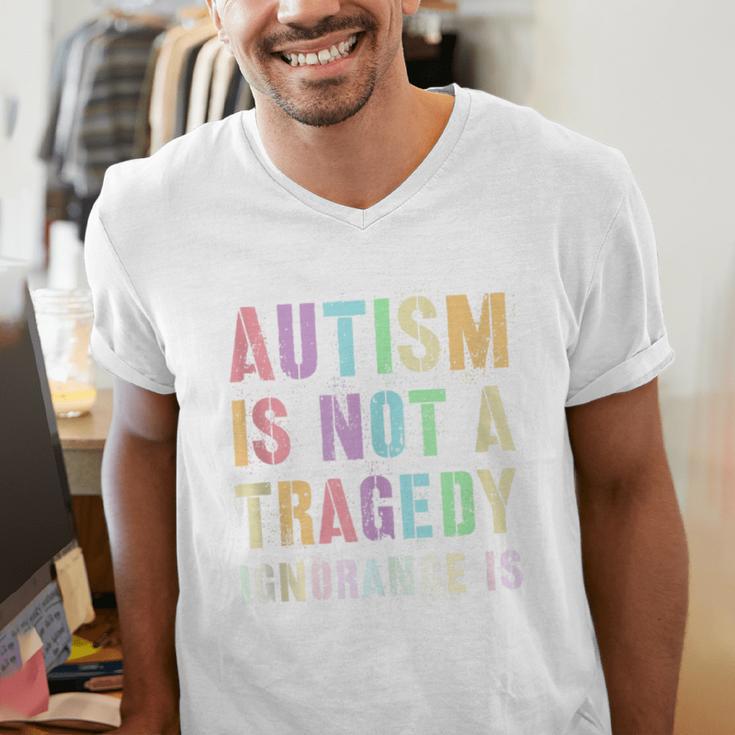 Kids AUTISM IS NOT A TRAGEDY IGNORANCE IS Proud Teacher Crew Men's V-Neck T-Shirt, funny gift