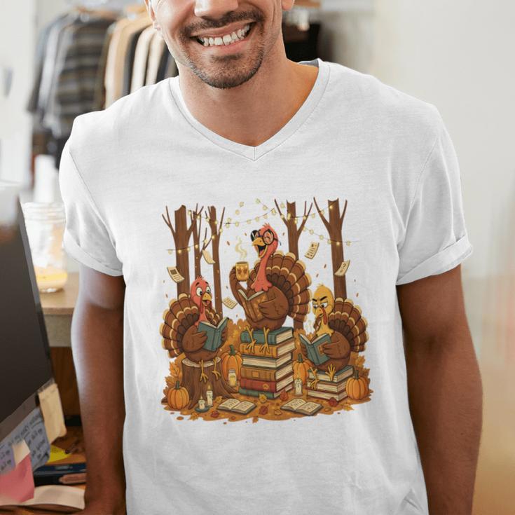 Librarian Turkey Reading Book Fall Thanksgiving Teacher Book Men's V-Neck T-Shirt, funny gift Librarian Turkey Reading Book Fall Thanksgiving Teacher Book Men's V-Neck T-Shirt, funny gift