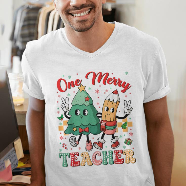 One Merry Teacher Groovy Christmas Tree Pjs Xmas Teacher Men's V-Neck T-Shirt, Groovy Teacher Shirts, funny gift One Merry Teacher Groovy Christmas Tree Pjs Xmas Teacher Men's V-Neck T-Shirt, Groovy Teacher Shirts, funny gift