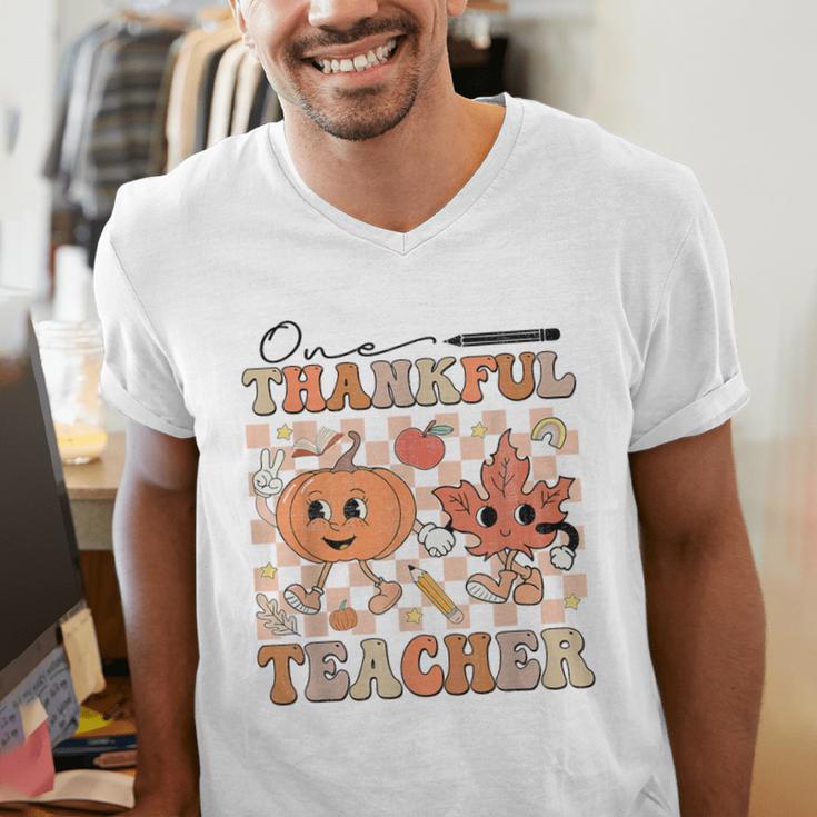 One Thankful Teacher Thanksgiving Groovy Fall Autumn Teacher Men's V-Neck T-Shirt, Groovy Teacher Shirts, funny gift One Thankful Teacher Thanksgiving Groovy Fall Autumn Teacher Men's V-Neck T-Shirt, Groovy Teacher Shirts, funny gift