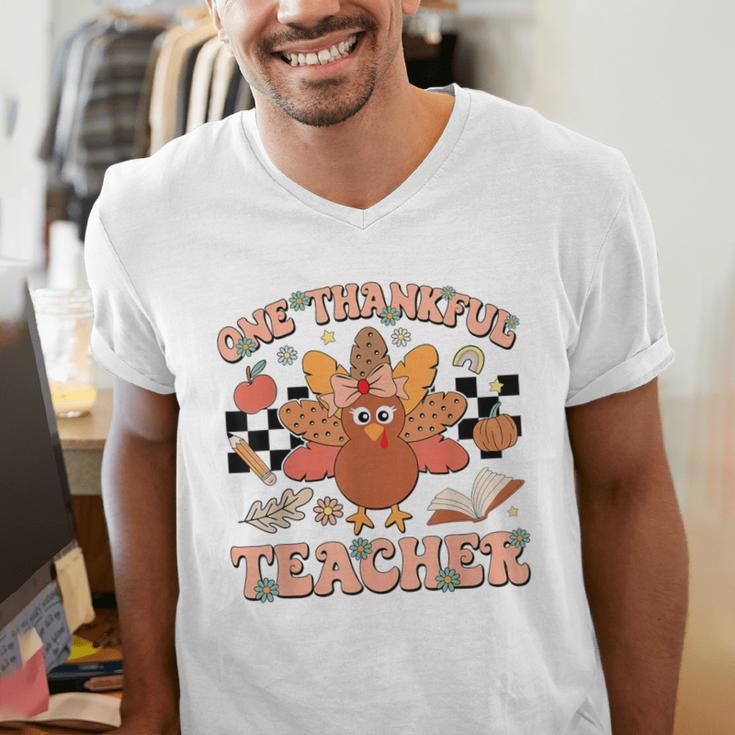 One Thankful Teacher Thanksgiving Retro Groovy Fall Teachers Men's V-Neck T-Shirt, Groovy Teacher Shirts, funny gift One Thankful Teacher Thanksgiving Retro Groovy Fall Teachers Men's V-Neck T-Shirt, Groovy Teacher Shirts, funny gift