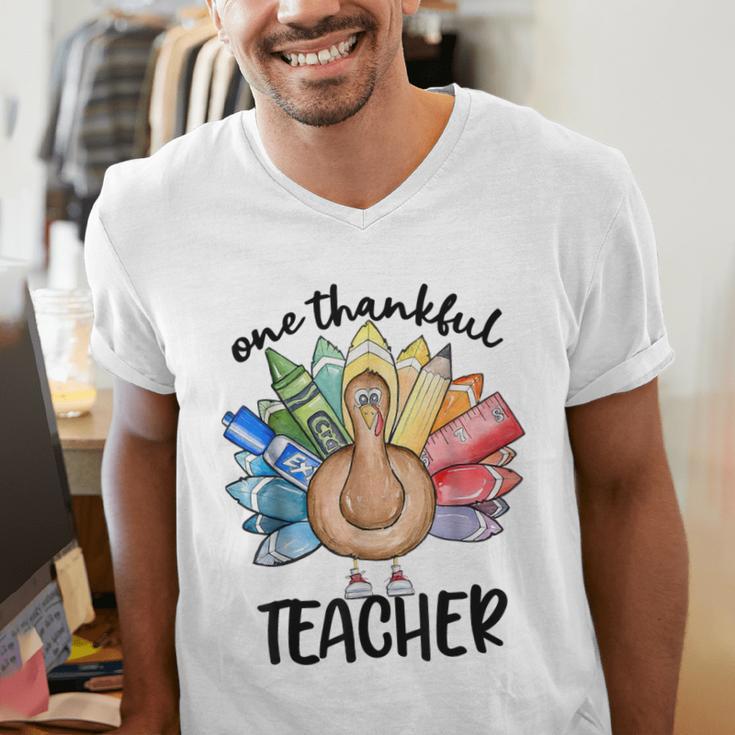 One Thankful Teacher Turkey Pencil Thanksgiving Teachers Men's V-Neck T-Shirt, funny gift One Thankful Teacher Turkey Pencil Thanksgiving Teachers Men's V-Neck T-Shirt, funny gift