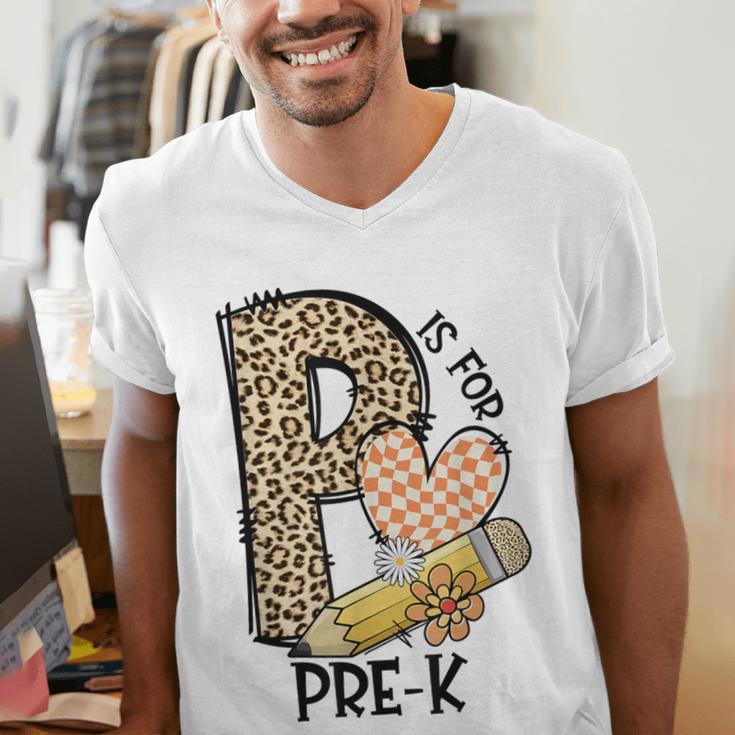 P Is For Pre K Teacher Leopard First Day Of School For Men Women Girls Kids Men's V-Neck T-Shirt, funny gift