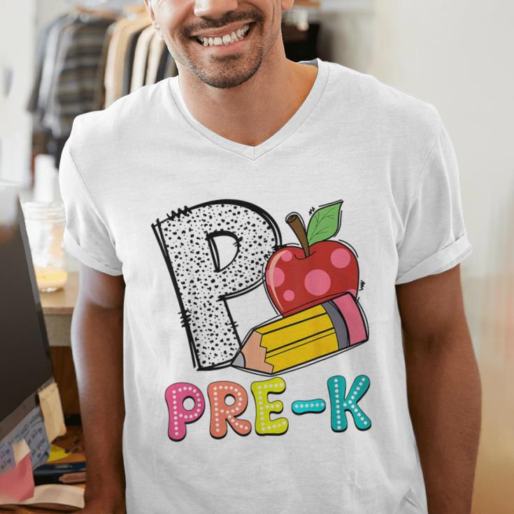 P Is For Pre-K Teacher Pencil Apple Back To School Men's V-Neck T-Shirt, funny gift P Is For Pre-K Teacher Pencil Apple Back To School Men's V-Neck T-Shirt, funny gift