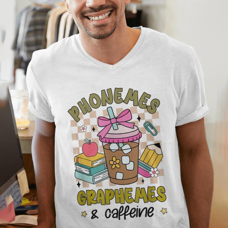 Phonemes Graphemes Caffeine Back To School Reading Teacher Men's V-Neck T-Shirt, funny gift Phonemes Graphemes Caffeine Back To School Reading Teacher Men's V-Neck T-Shirt, funny gift
