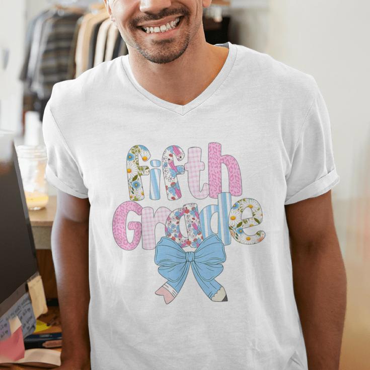 Preppy Fifth Grade Teacher Blue Floral Coquette Pencil Bow Men's V-Neck T-Shirt, funny gift