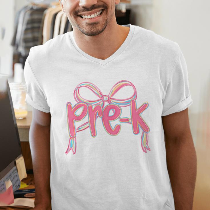 Preppy Pre k Back To School Pre-k Teachers Girls Cute Bow Men's V-Neck T-Shirt, funny gift Preppy Pre k Back To School Pre-k Teachers Girls Cute Bow Men's V-Neck T-Shirt, funny gift
