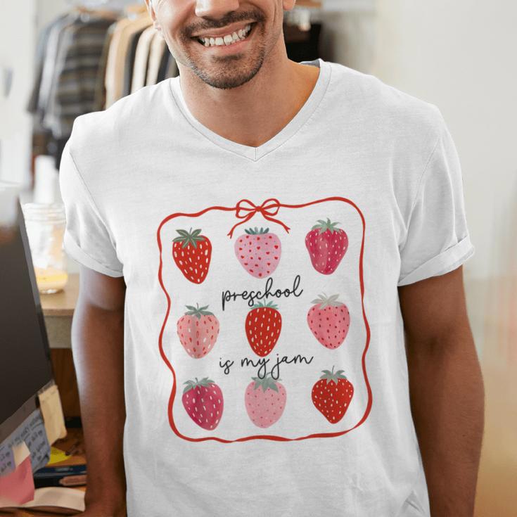 Preschool Is My Jam Strawberry Teacher First Day Of School Men's V-Neck T-Shirt, funny gift Preschool Is My Jam Strawberry Teacher First Day Of School Men's V-Neck T-Shirt, funny gift