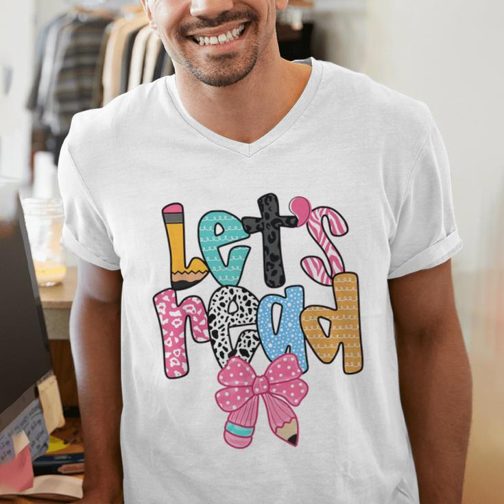 Lets Read Reading Teacher Back To School Literacy Pencil Bow Men's V-Neck T-Shirt, funny gift Lets Read Reading Teacher Back To School Literacy Pencil Bow Men's V-Neck T-Shirt, funny gift