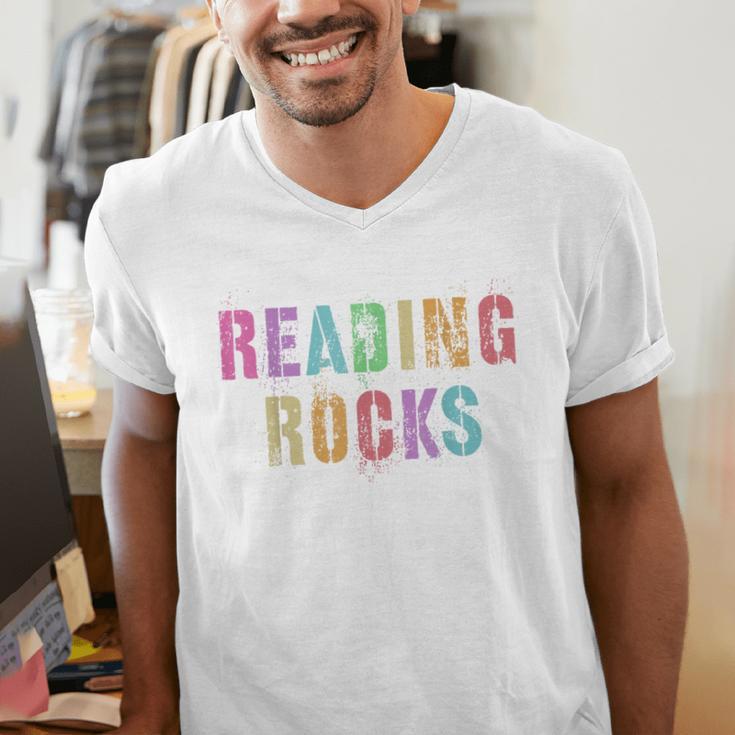 READING ROCKS English Teacher ELA ABCD Read Star Kinder Men's V-Neck T-Shirt, English Teacher Shirts, funny gift READING ROCKS English Teacher ELA ABCD Read Star Kinder Men's V-Neck T-Shirt, English Teacher Shirts, funny gift