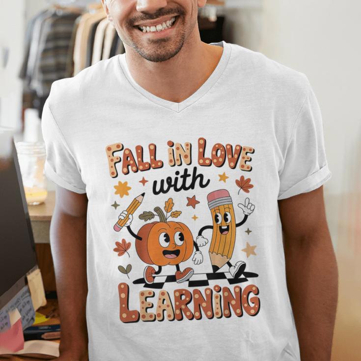 Retro Fall In Love With Learning Autumn Pumpkin Teacher Kids Men's V-Neck T-Shirt, funny gift Retro Fall In Love With Learning Autumn Pumpkin Teacher Kids Men's V-Neck T-Shirt, funny gift