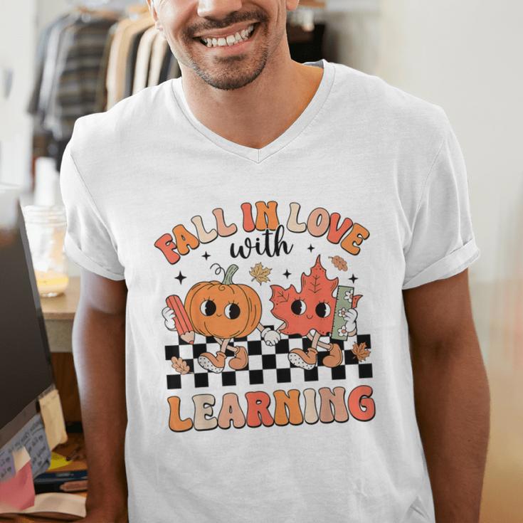 Retro Fall In Love With Learning Autumn Pumpkin Teacher Men's V-Neck T-Shirt, funny gift Retro Fall In Love With Learning Autumn Pumpkin Teacher Men's V-Neck T-Shirt, funny gift